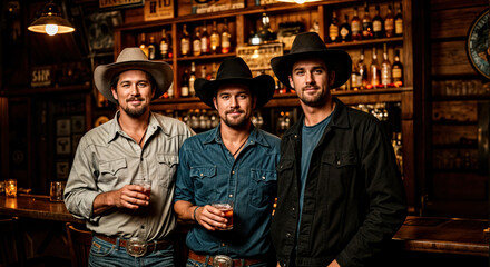 Three Cowboys Enjoying Drinks in a Rustic Western Bar Setting