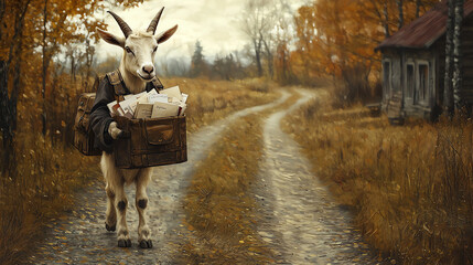 A goat dressed as a mail carrier walks along a rural path carrying a satchel full of letters on a cool autumn day