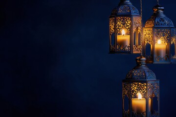 Fototapeta premium Ornamental Arabic golden glowing elegant lantern, showcasing a luxurious design ideal for Ramadan, Eid, and cultural decorations.