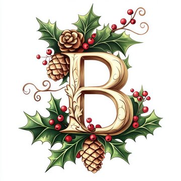 recommend clip art: Ornate Christmas Letter B with Holly and Pine Cones