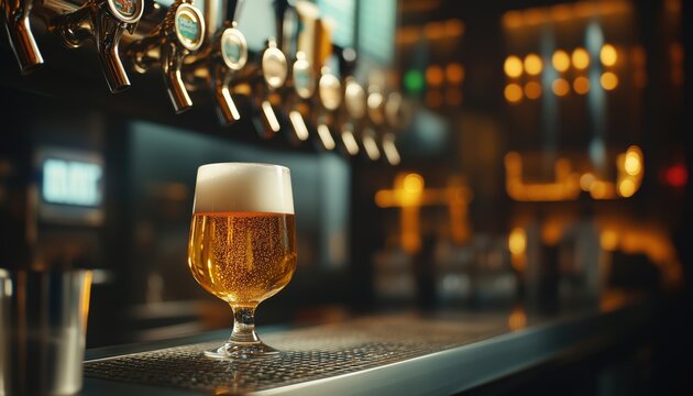 Bartender Pouring Fresh Draft Beer At Bar With Multiple Taps. Serving Craft Beer For Nightlife, Parties, Festivals, And Oktoberfest. Ad. - Powered by Adobe