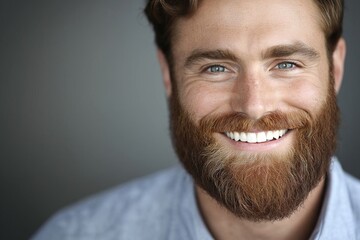 Obraz premium A man with a beard and a smile on his face. He is wearing a blue shirt. Concept of happiness and confidence