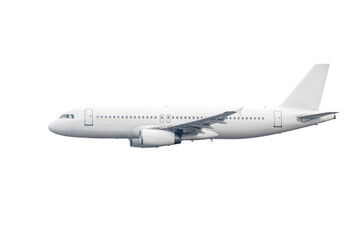 White modern passenger plane flies isolated