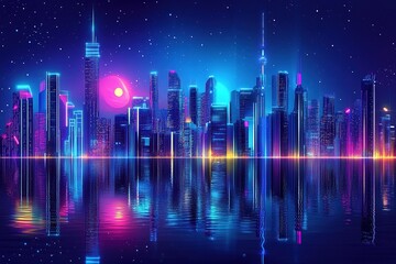 Futuristic neon city skyline at night reflected on water.