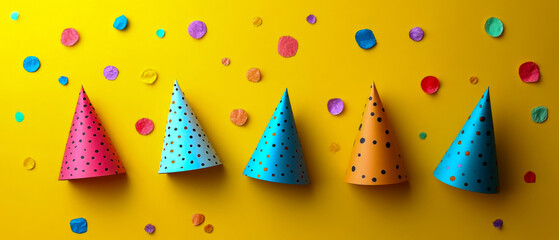 Fototapeta premium Colorful party hats against a yellow background with scattered confetti