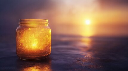 Glass Jar Filled with Warm Light Against a Sunset Background