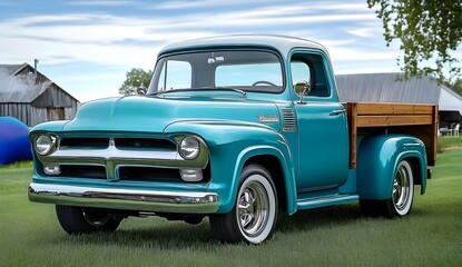 Vintage turquoise pickup truck with wooden bed parked on grassy field surrounded by rustic barns and vibrant sky, showcasing classic Americana style and charm.