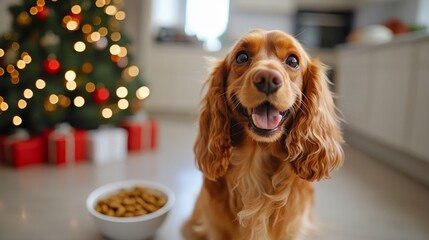 Golden Cocker Spaniel Posing, With Christmas Tree Lights in Background, Pet Food in Bowl