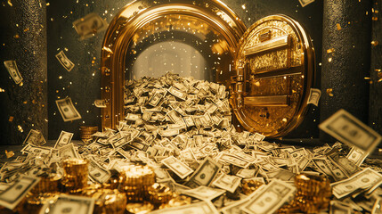An open golden vault door reveals a massive pile of cash and gold coins, illuminating the luxurious space within