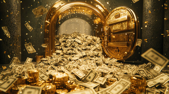 An open golden vault door reveals a massive pile of cash and gold coins, illuminating the luxurious space within
