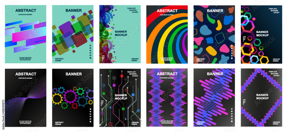 Poster modern gradient cover background design set. cover card. vibrant 3d geometric shapes compositions. b