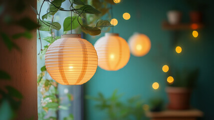 Fototapeta premium Cozy outdoor scene featuring glowing paper lanterns and plants at night