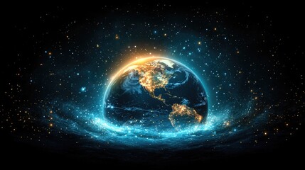 Obraz premium Global solidarity and chaos: illuminated earth in space with stars