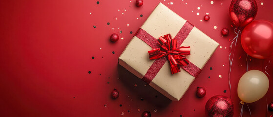 Obraz premium Elegant gift box with red bow surrounded by festive balloons and confetti
