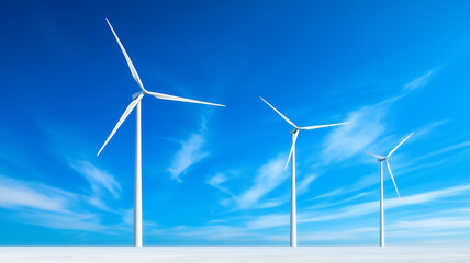 Wind turbines stand tall against a bright blue sky at a renewable energy site during daylight