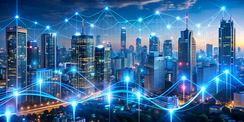 Obraz premium A vibrant city skyline illuminated at dusk, featuring modern skyscrapers and a network of glowing connections, symbolizing technology and connectivity.