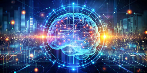 Fototapeta premium A futuristic digital brain surrounded by glowing circuits and cityscape, symbolizing artificial intelligence and technology innovation.
