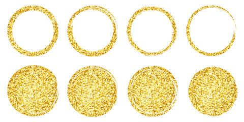 Circle glitter brush strokes set isolated, hand drawn paint brush circle gold frame