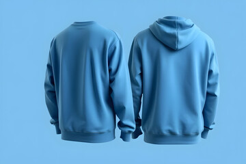 Two blue sweatshirts, one with a hood and one without, displayed on a blue background. Ideal for fashion or apparel presentations.
