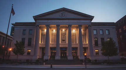 Obraz premium Grand courthouse building illuminated at dusk showcasing tall columns and architectural grandeur