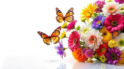 Colorful flower arrangement with butterflies on white background