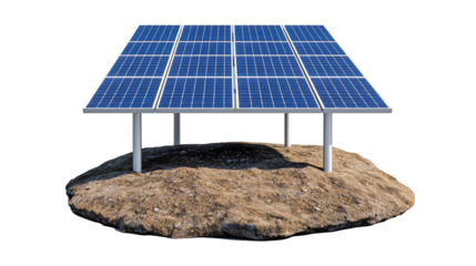 Solar panel array on ground displayed on transparent background