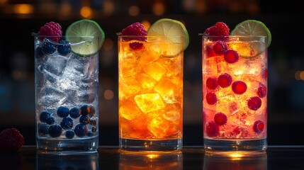 dry january mocktail bar, a lively water bar, featuring vibrant fruit-infused drinks topped with citrus slices and berries, perfect for dry january