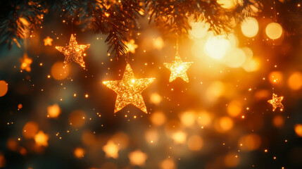 Golden star-shaped lights glowing on festive christmas tree branches at night