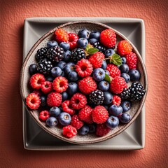 a bowl of raspberries, blackberries, and raspberries on a wooden table.