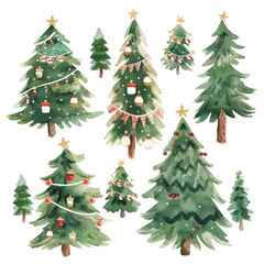 A watercolor painting of a set of Christmas trees, isolated on a white background. Christmas trees vector.