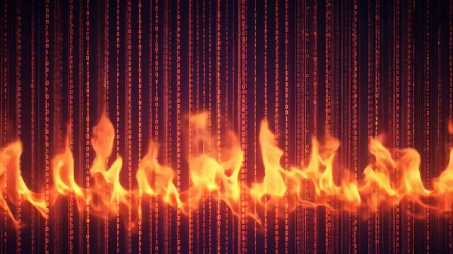 Binary code burning in fiery digital inferno