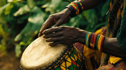 African Djembe Drumming  Rhythmic Hands  Colorful Bracelets  Lush Nature