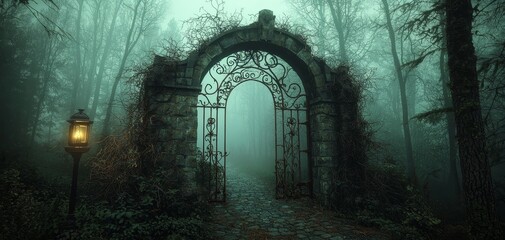 Enchanted Stone Archway in Misty Forest - Romantic Mysterious Fantasy Scene with Lit Lantern for Book Covers and Gaming