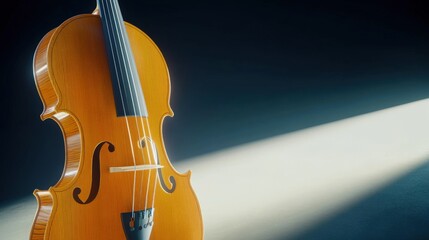 Fototapeta premium Elegant Wooden Cello Illuminated by Dramatic Spotlight on Dark Stage