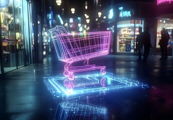 Neon Shopping Cart in City Night Scene with Reflections and Urban Lights, Symbolizing Modern Retail and E-commerce Shopping Experience