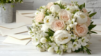 Ethereal Bridal Bouquet in Soft Pastels on White Wood - Romantic Wedding Floral Arrangement