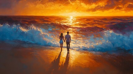 Couple holding hands and walking along a sandy beach during a warm and colorful sunset with gentle waves.