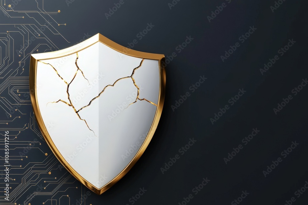 Poster cracked shield symbolizing cybersecurity vulnerability on digital circuit background