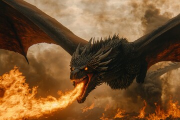 Fiery Black Dragon Breathing Flames in Dramatic Fantasy Battle Scene