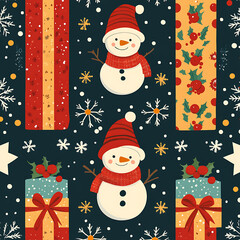 Festive snowman pattern with Christmas gifts, holly, and snowflakes. Perfect for holiday themed designs and decorations, bringing joy and cheer to season