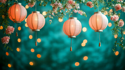 Pink lanterns hanging among flowers with festive lights, outdoors at night concept of celebration