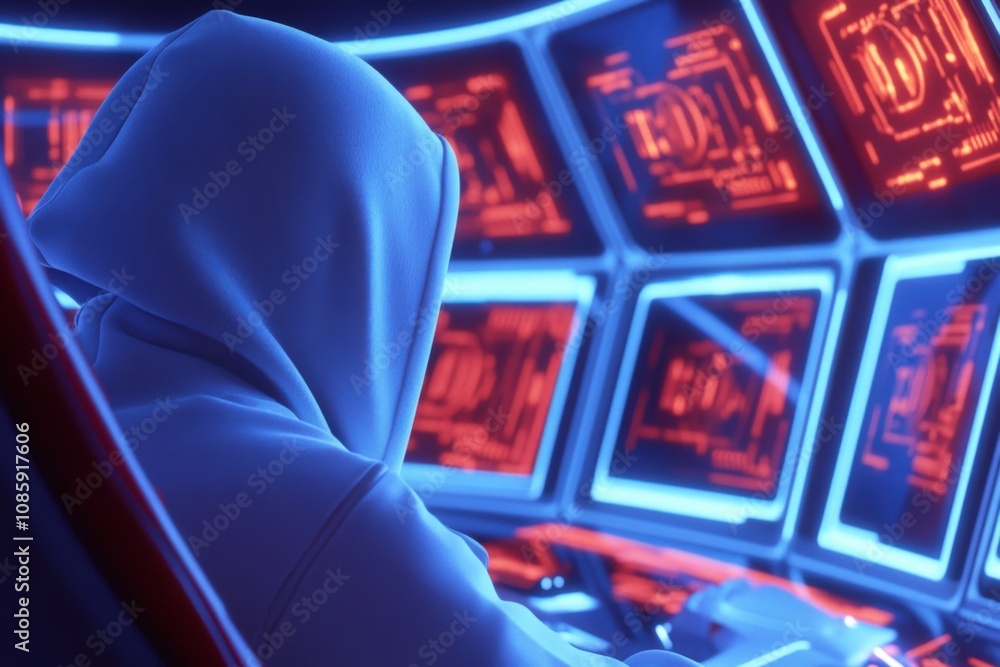 Poster hooded figure engaged in cyber operations with multiple data screens