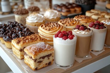 Coffee shop counter with display of freshly baked pastries, vibrant drinks,