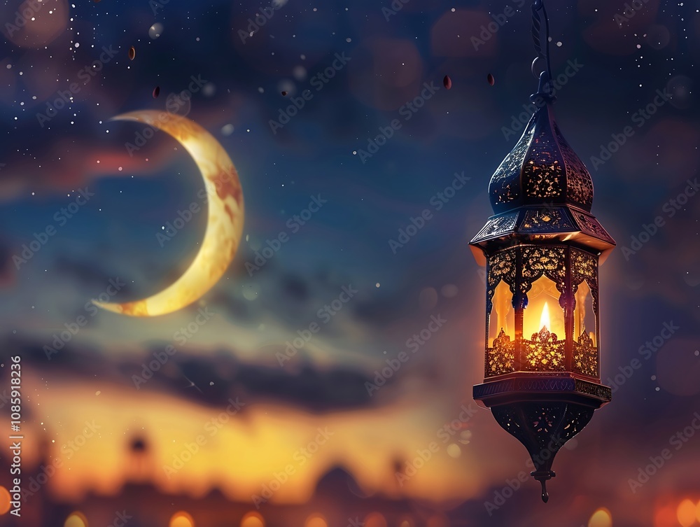 Poster ramadan kareem background with lanterns and dates. 3d rendering