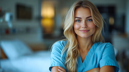 Fototapeta premium Smiling female nurse in scrubs standing confidently in hospital room