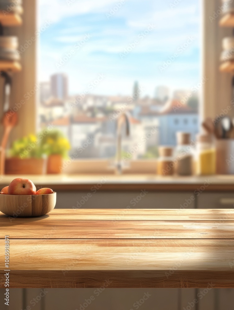 Canvas Prints In a modern kitchen, a wooden countertop displays vibrant red apples, while a large window reveals a breathtaking skyline, filling the room with warm natural light for a cozy atmosphere