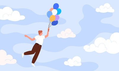 Mental health, wellbeing and dreams, think about positive things and meditation, imagination. Happy young man flying with bunch of air balloons in blue sky with clouds cartoon vector illustration