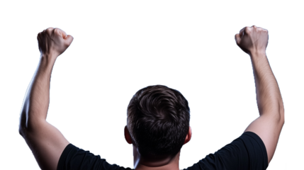 Man celebrating success with raised arms on transparent background