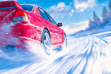 A bright red car speeds through a snowy landscape, leaving a trail of snow behind. The clear blue sky contrasts against the white snow, creating a vibrant winter atmosphere