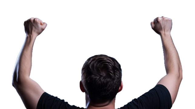 Man celebrating success with raised arms on transparent background